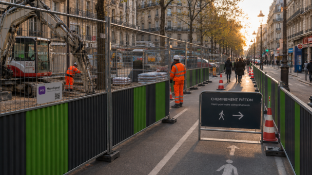 Cheminement piéton protégé avec barrières Mojo Signal le long d’un chantier urbain au coucher du soleil