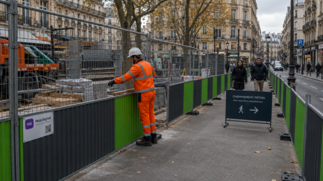 Agent Mojo Signal contrôlant des barrières de chantier le long d’un cheminement piéton protégé