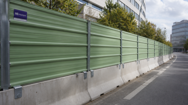 Bardage vert sur blocs béton suivant la courbe d’une rue