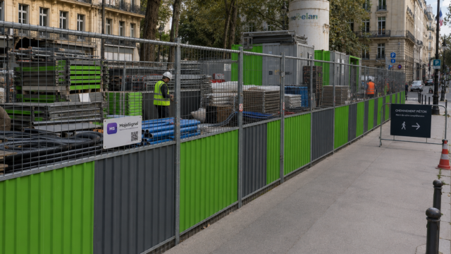 Zone de stockage de chantier sécurisée par palissades avec cheminement piéton protégé le long du trottoir.