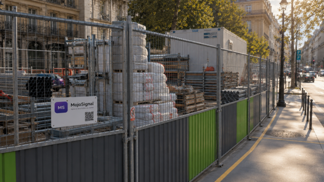 Zone de stockage de chantier derrière des palissades métalliques en fin de journée avec trottoir protégé.