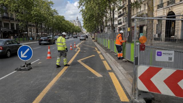 Opérateurs réalisant un marquage au sol temporaire jaune sur une chaussée sécurisée par des panneaux et des cônes de chantier.