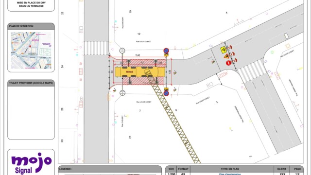 Plan d’implantation d’une grue avec barrières, cônes et neutralisation du stationnement rue Louis-Codet à Paris